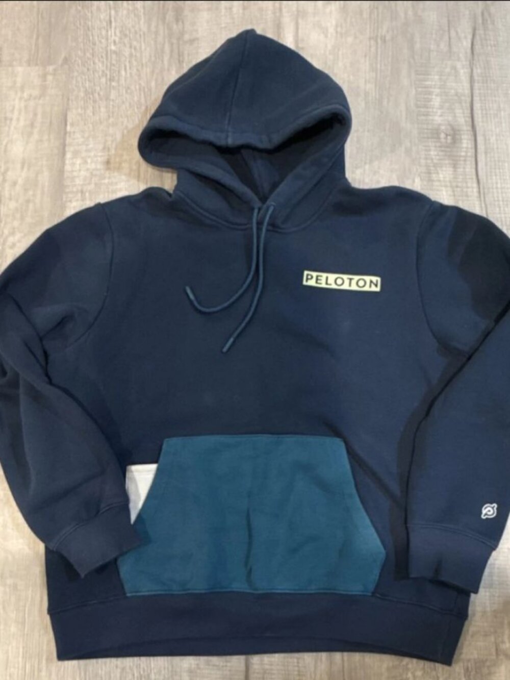 Peloton Men's Navy Blue Teal Fleece Pullover Hoodie Regular Size L